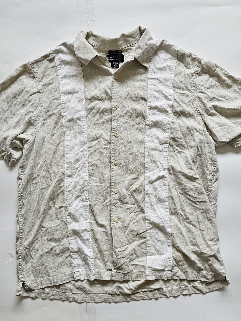 Panel Short-Sleeve Button-Down Shirt in Beige and White